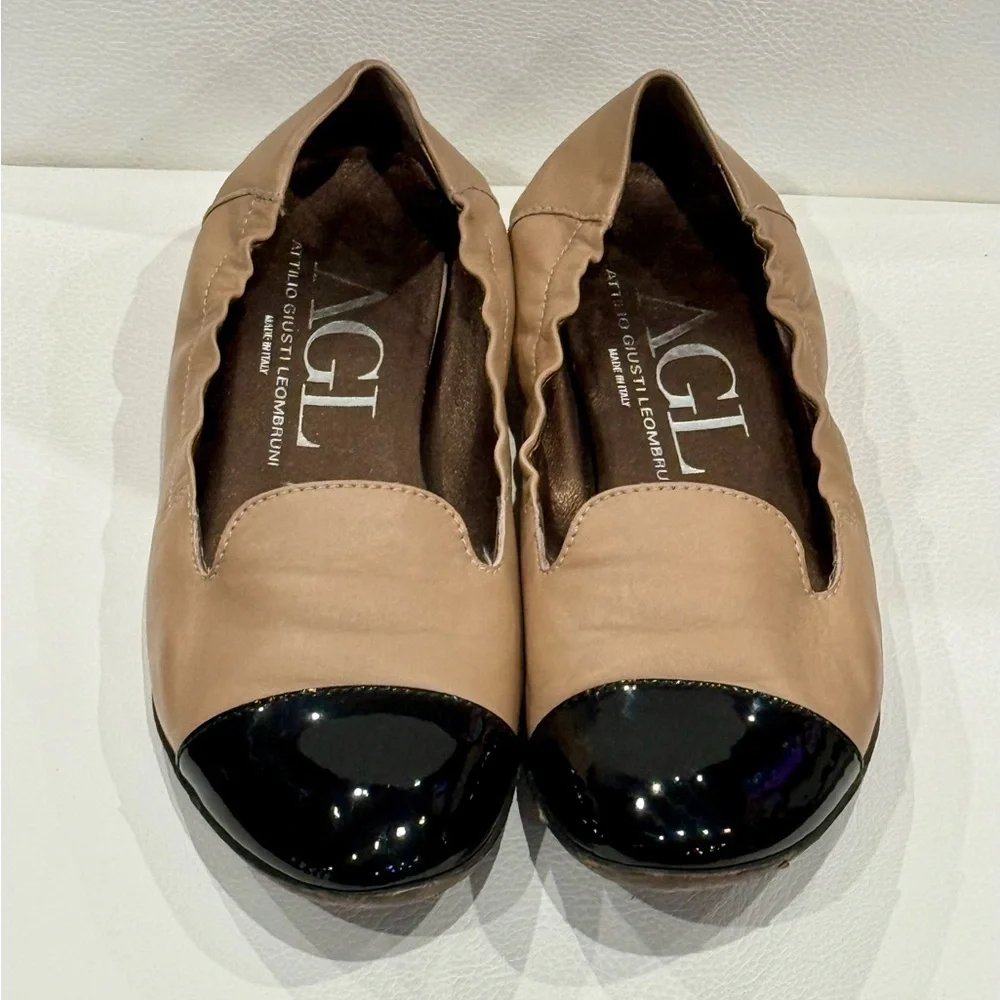 AGL ATTILIO GIUSTI LEOMBRUNI Cap Toe Ballet Flat Size 40 Patent Leather Beige
